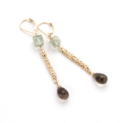 Hand carved long earrings, textured gold stick with green amethyst at top & faceted smoky quartz Drop