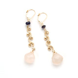 Swirling gold dangle earrings with iolite and faceted natural pink chalcedony.