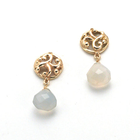 Beautiful Hand carved classic post earring, round sculptural button top with faceted teardrop chalcedony below 