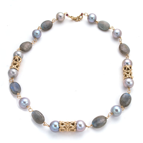 Classic necklace with hand carved gold filigree tube beads, gray stones and pearls all around