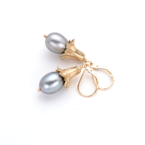 Sculpted gold, bell shaped flower earring on french lever-back with Dove gray pearl