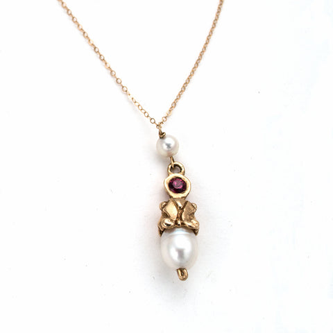 Elegant, small 14kt gold, rhodolite garnet & pearl pendant on delicate chain