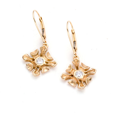 Handmade Gold lever-back earrings, sculpted square design accented with diamonds