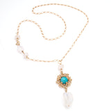 Beautiful handmade in wilmington Delaware, Long adjustable length Gold,ammonite and rainbow moonstone necklace 
