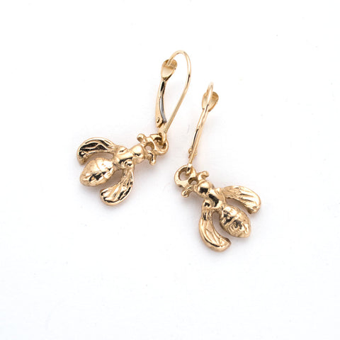 14 karat gold, little bee drop earrings, french lever-back ear wire