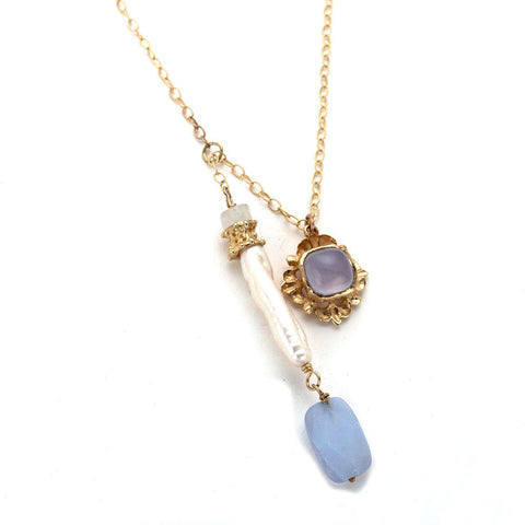 Delicate chain necklace, double pendant, long freshwater pearl with moonstone & blue chalcedony, gold square with chalcedony cabochon