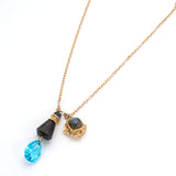 Delicate chain necklace, double pendant, labradorite with faceted sky blue topaz teardrop, gold square charm with labradorite cabochon
