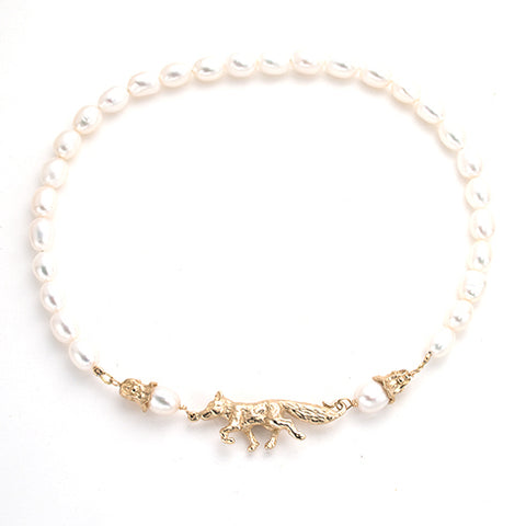 Hand carved gold fox necklace with white pearls