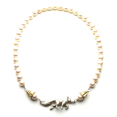 18 inch pearl necklace with sterling hand-sculpted running fox flanked by gold flowers