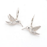 Light sterling silver hummingbird Drop earrings on French lever ear wires, handcarved, artist anna biggs, Delaware