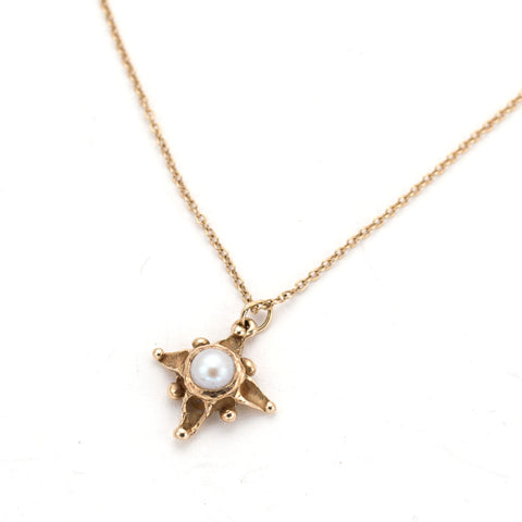 Delicate 14 karat gold & pearl handcarved star necklace- Artist Annabiggs handmade in Wilmington Delaware